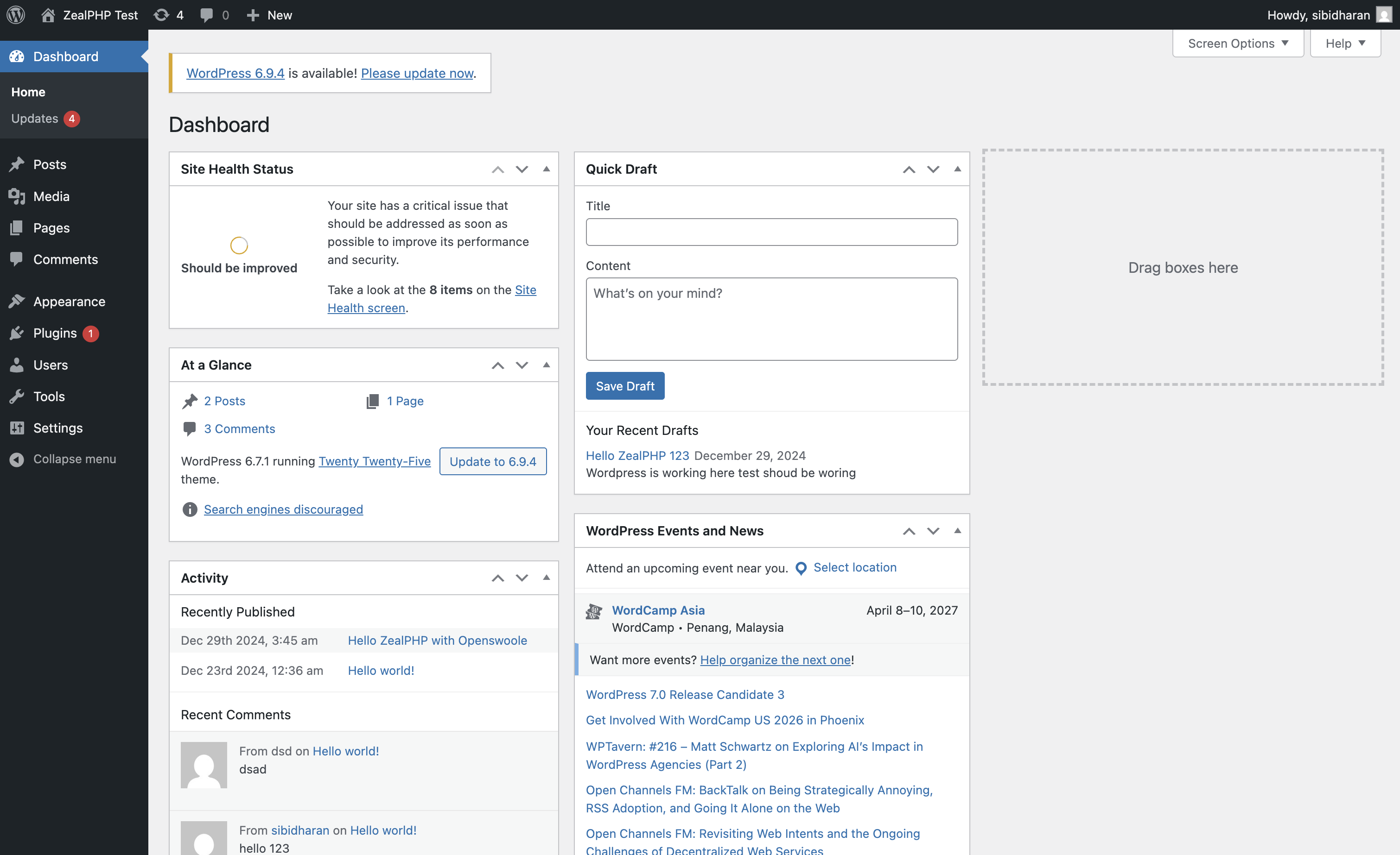WordPress admin dashboard on ZealPHP