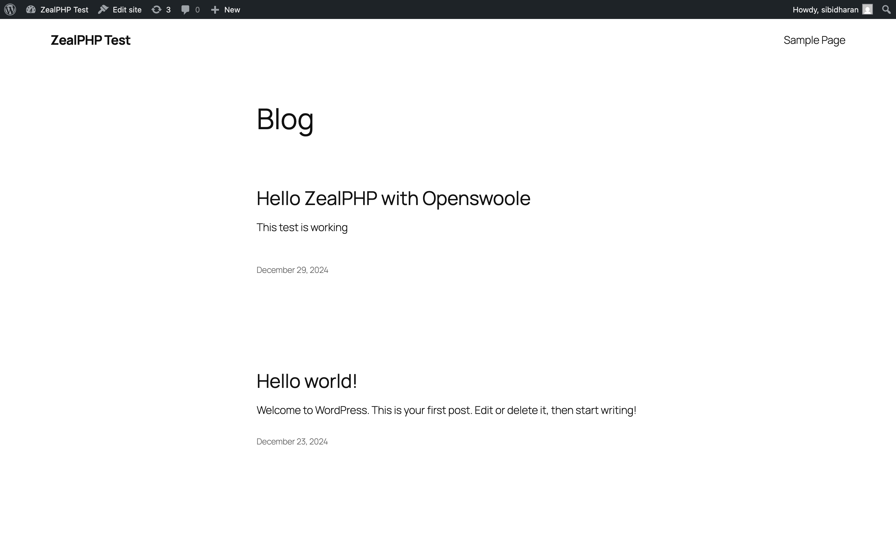 WordPress homepage served by ZealPHP